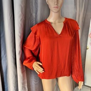 Vibrant Red V-Neck Blouse with Puff Sleeves and Long Sleeves